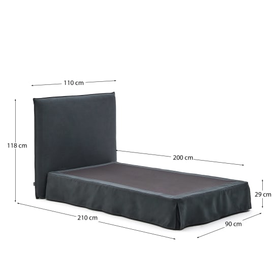 Anthracite grey linen and cotton Jaira bed with removable cover for a 90 x 200 cm FSC Mix Credit mattress - sizes