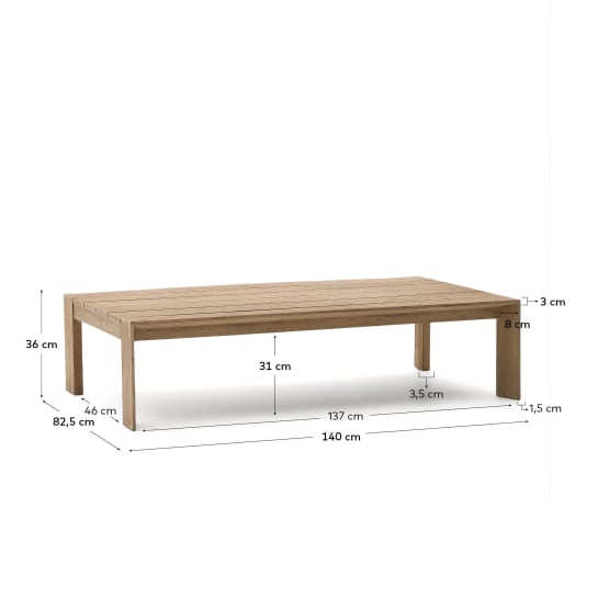 Ambra coffee table in solid acacia wood with light finish 82.5 x 140cm FSC 100% - sizes