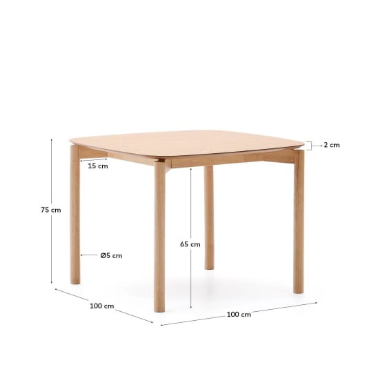 Indara square table in ash veneer with natural finish 100 x 100 cm - sizes