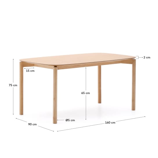 Mesa Indara de chapa de freixo e madeira maciça de seringueira com acabamento natural 160 x 90 cm - tamanhos