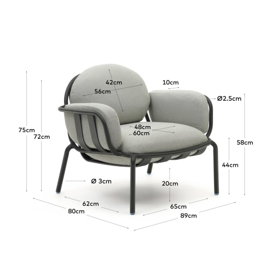 Joncols outdoor armchair with grey upholstery and aluminium with green painted finish - sizes