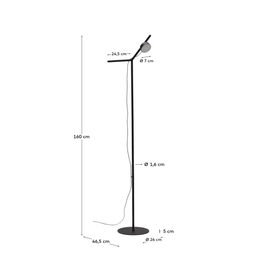 Orey black metal floor lamp with multi-position spotlight UK - sizes