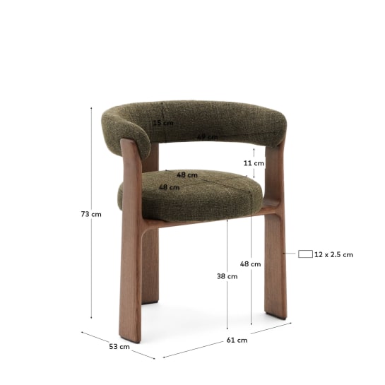 Granite fire-retardant chair (3 legs) in green chenille and solid ash wood with walnut-coloured finish FSC 100% - sizes