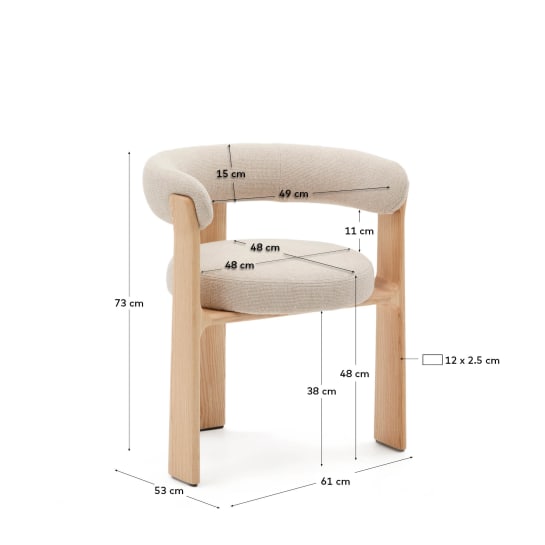 Καρέκλα Granite με 3 πόδια, με ανθεκτικό στη φωτιά μπεζ chenille και μασίφ ξύλο δρυός με φυσικό φινίρισμα 100% FSC - μεγέθη