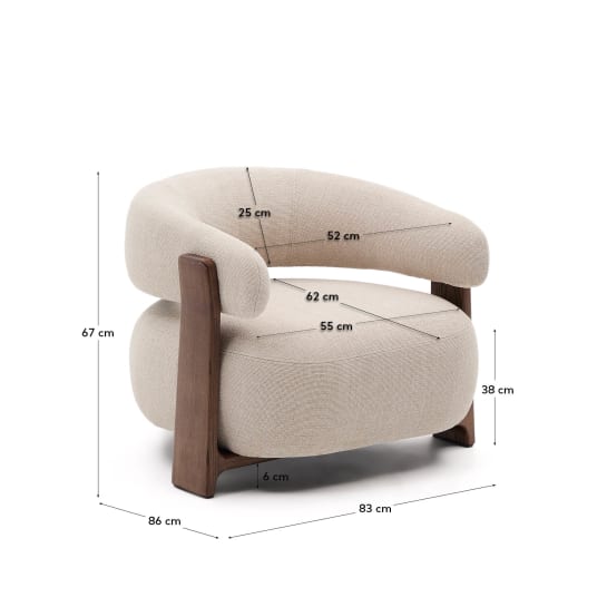 Granite fire-retardant armchair in beige chenille and solid ash wood with walnut-coloured finish FSC 100% - sizes