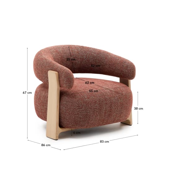 Granite fire-retardant armchair in terracotta chenille and solid ash wood with natural-coloured finish FSC 100% - sizes
