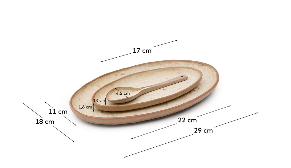 Zunel set of 2 beige ceramic plates and 1 spoon - sizes