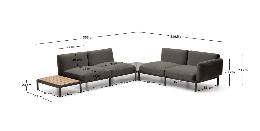 Αρθρωτός γωνιακός καναπές outdoor 4-θέσεων Sorells με γκρι ταπετσαρία γκρι, πράσινο αλουμίνιο και τραπέζια από τικ και αλουμίνιο xxxεκ FSC 100% FSC - μεγέθη