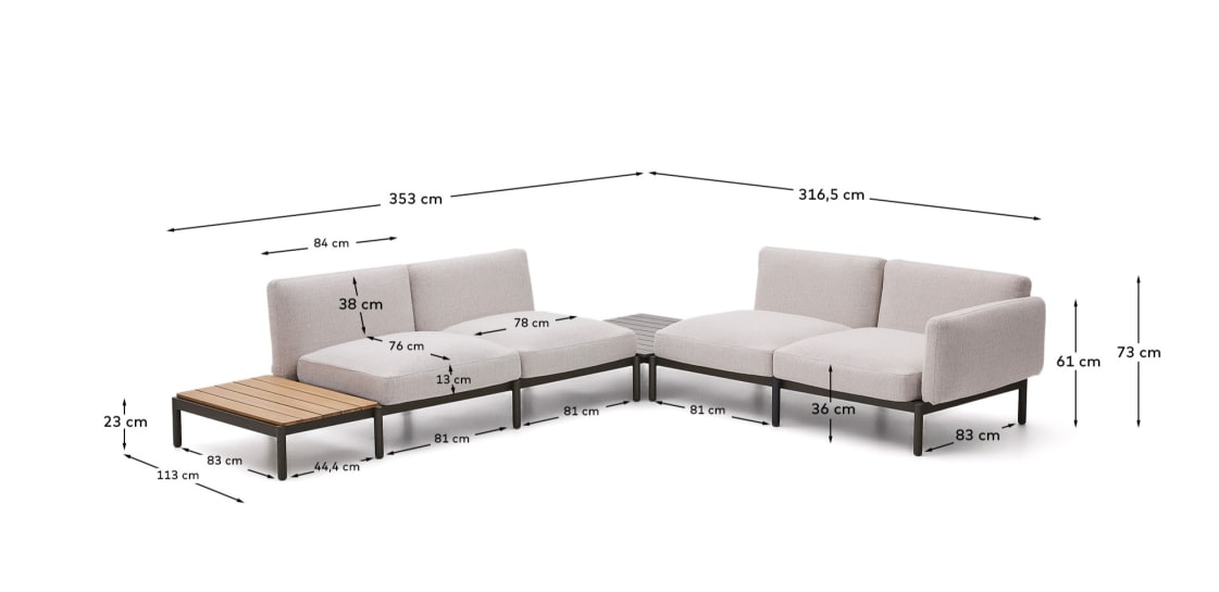 Sorells outdoor modular 4-seater corner sofa with beige upholstery and green aluminium with teak and aluminium tables 353 x 316.5cm FSC 100% - sizes