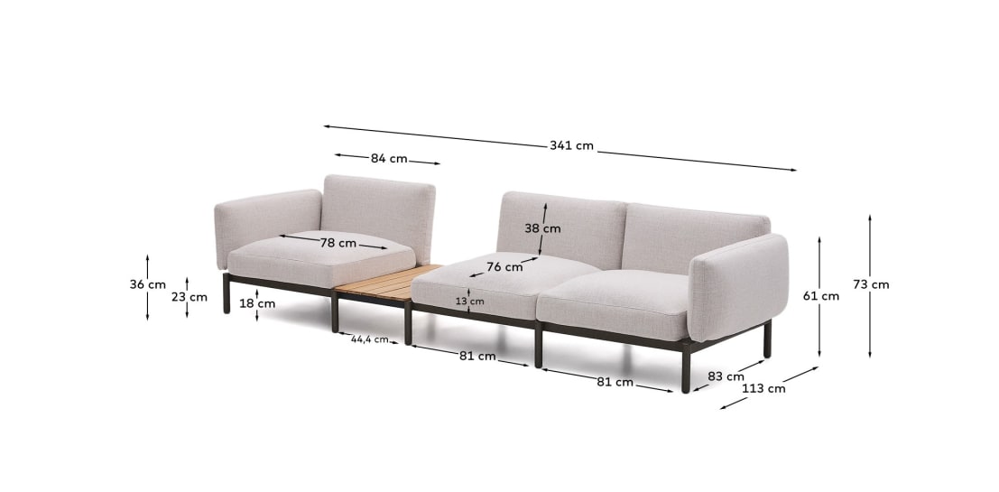 Sorells outdoor modular 3-seater sofa with beige upholstery and green aluminium with teak table 341 x 113cm FSC 100% - sizes