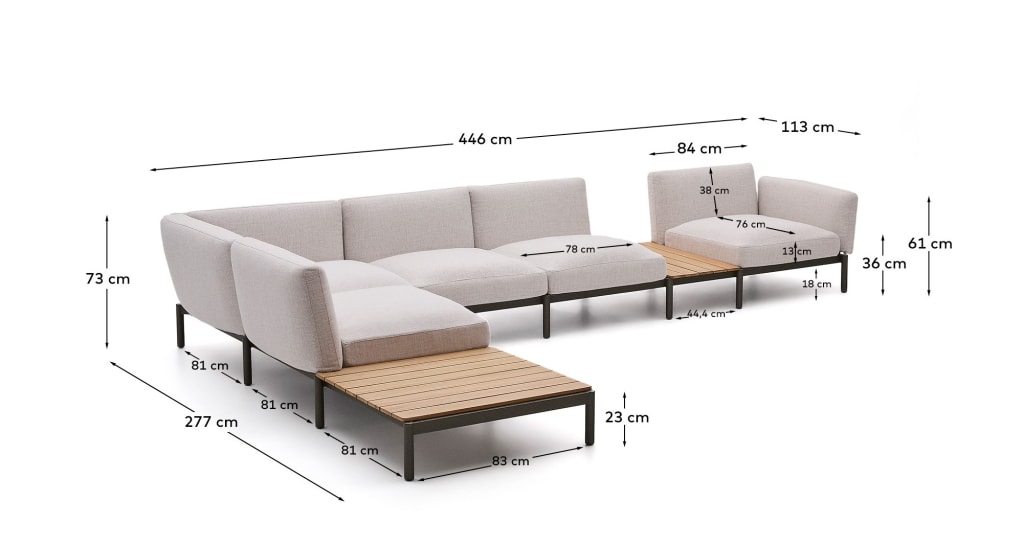 Sorells outdoor modular 5-seater corner sofa with beige upholstery and green aluminium with 2 teak tables 277 x 446cm FSC 100% - sizes