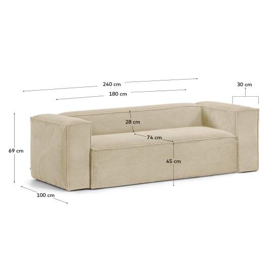 Blok 3-seater sofa thick taupe corduroy 240 cm - sizes