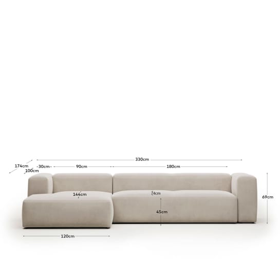 Blok 4-seater sofa with left chaise longue beige chenille 330 cm - sizes
