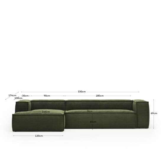 Blok 4-seater sofa with left chaise longue thick green corduroy 330 cm - sizes