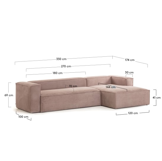 Blok 4-seater sofa with right chaise longue thick pink corduroy 330 cm - μεγέθη