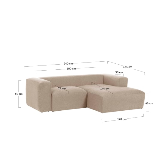 Blok 2-seater sofa with right chaise longue beige chenille 240 cm - sizes