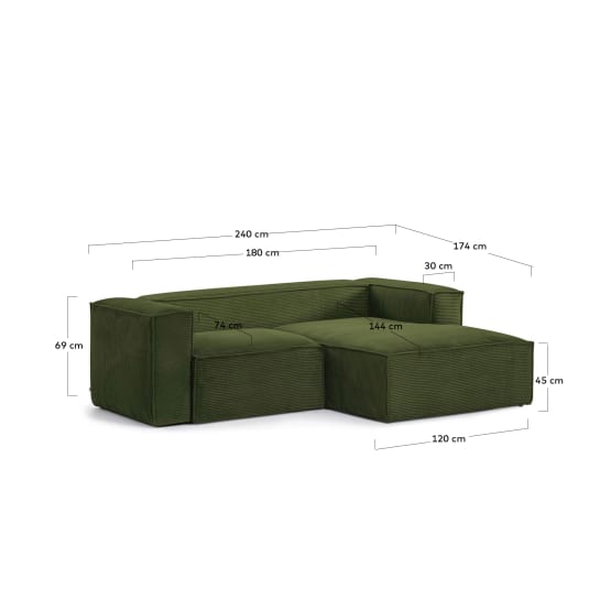 Blok 2-seater sofa with right chaise longue thick green corduroy 240 cm - sizes