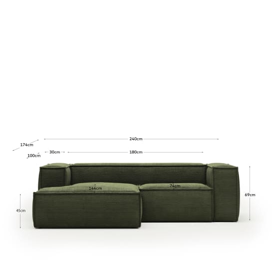 Blok 2-seater sofa with left chaise longue thick green corduroy 240 cm - μεγέθη