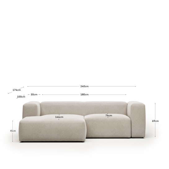Blok 2-seater sofa with left chaise longue beige chenille 240 cm - sizes