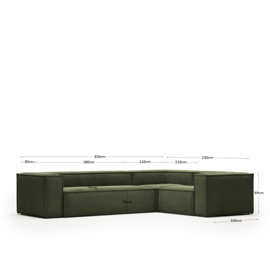 Blok 4-seater corner sofa thick green corduroy 320 x 230 cm / 320 x 230 cm - sizes