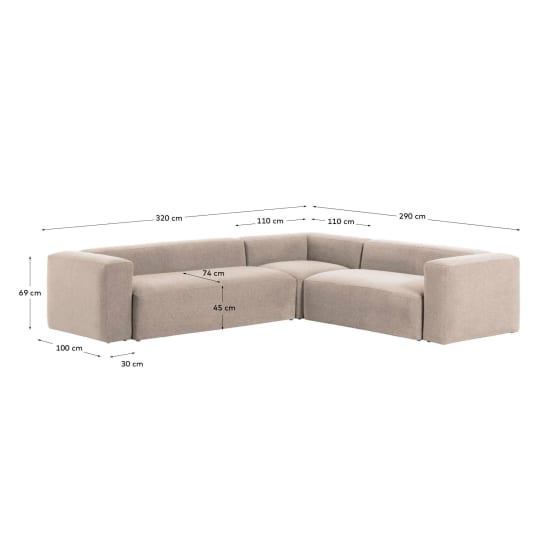 Blok 5-seater corner sofa beige chenille 320 x 290 cm / 290 x 320 cm - μεγέθη