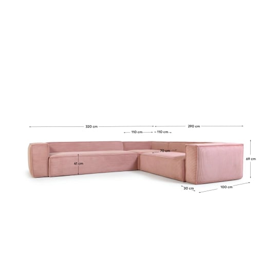 Blok 5-seater corner sofa thick pink corduroy 320 x 290 cm / 290 x 320 cm - μεγέθη