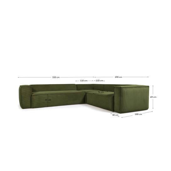 Blok 5-seater corner sofa thick green corduroy 320 x 290 cm / 290 x 320 cm - sizes