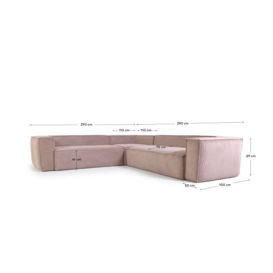 Blok 4-seater corner sofa thick pink corduroy 290 x 290 cm - μεγέθη