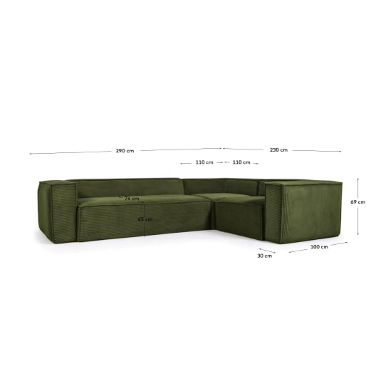 Blok 3-seater corner sofa thick green corduroy 290 x 230 cm / 230 x 290 cm - sizes