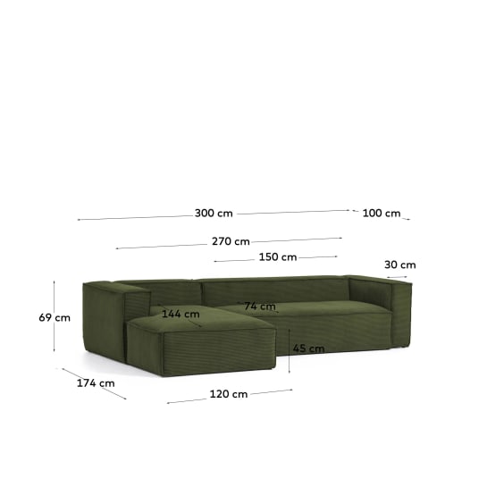 Blok 3-seater sofa with left chaise longue thick green corduroy 300 cm - sizes