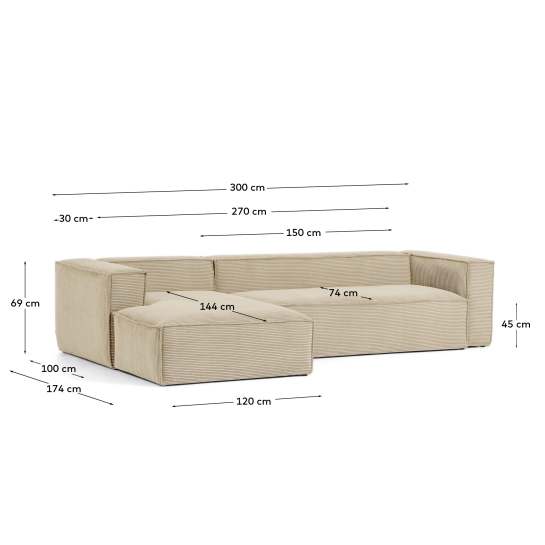 Blok 3-seater sofa with left chaise longue thick taupe corduroy 300 cm - μεγέθη
