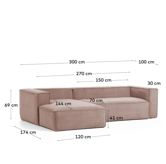 Blok 3-seater sofa with left chaise longue thick pink corduroy 300 cm - μεγέθη