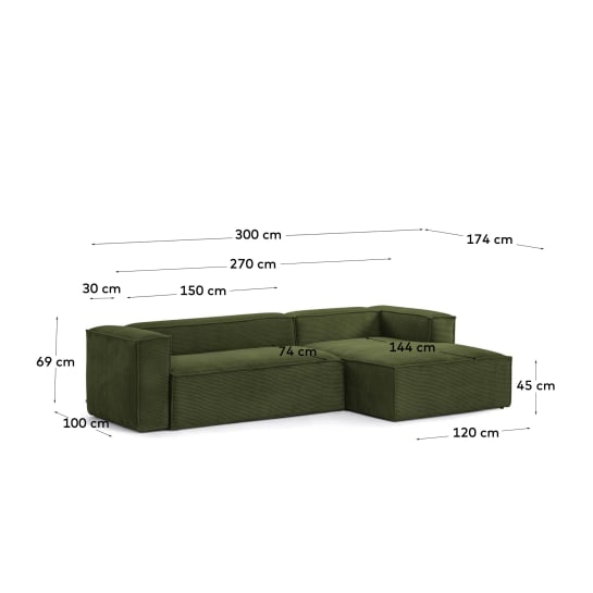 Blok 3-seater sofa with right chaise longue thick green corduroy 300 cm - μεγέθη