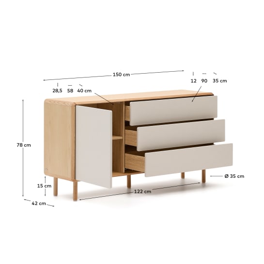 Aparador Anielle 1 porta i 3 calaixos de fusta massissa i xapa de freixe 150 x 78 cm - mides