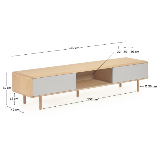 Anielle solid ash & ash veneer TV stand with 2 doors, 180 x 41 cm - sizes