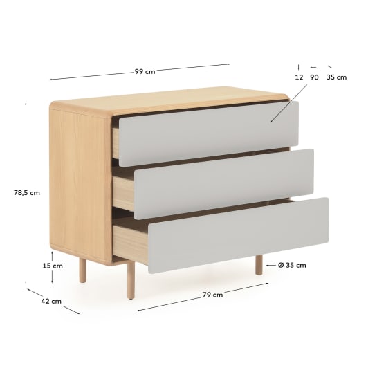 Còmoda Anielle de 3 calaixos de fusta massissa i xapa de freixe 99 x 78,5 cm - mides