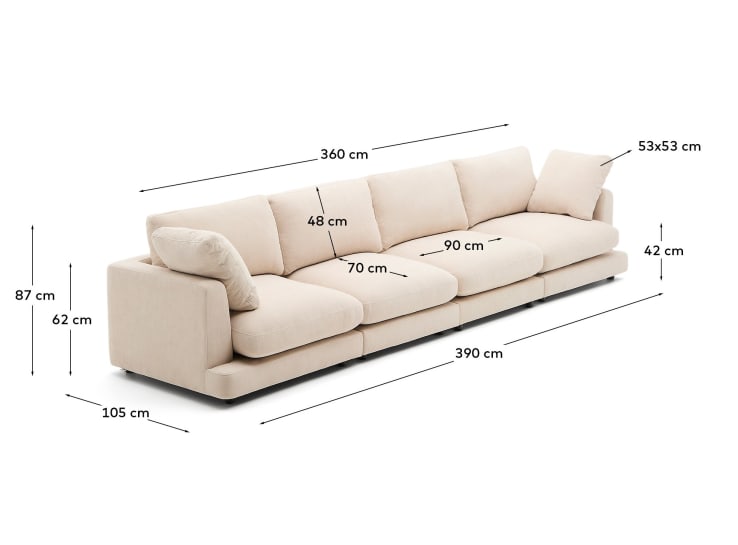 Gala 6 seater sofa in beige, 390 cm - sizes