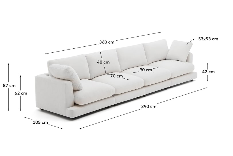 Gala 6 seater sofa in white, 390 cm - sizes