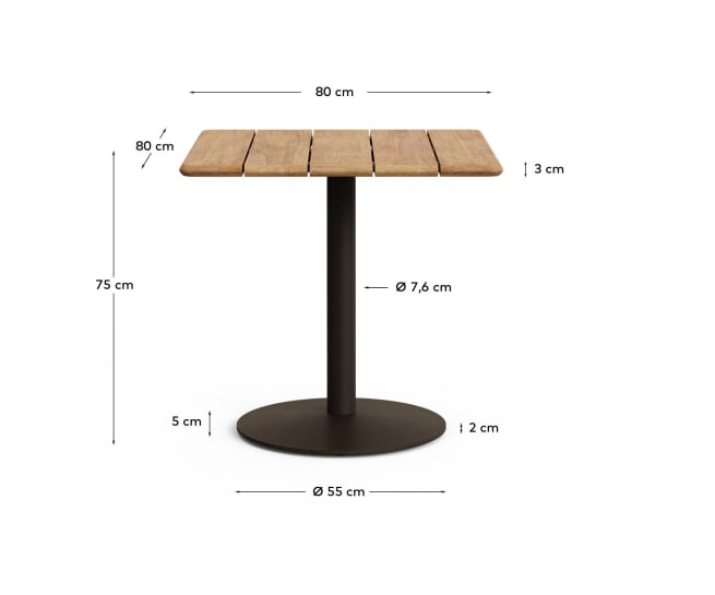 Τραπέζι outdoor Esilda με επιφάνεια από ακακία 100% FSC 80x80εκ. και βάση από πράσινο ατσάλι Ø55x72εκ. - μεγέθη