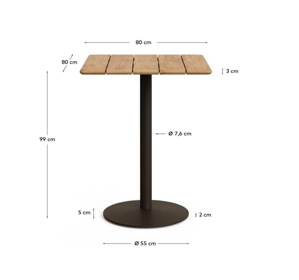 Esilda outdoor tall table with FSC 100% acacia top 80x80cm and green steel base Ø55x96cm - sizes