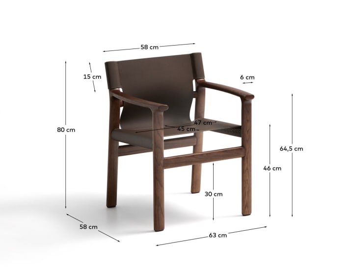 Jan chair made of dark brown recycled leather fibres and FSC 100% solid ash wood with walnut-coloured finish - sizes