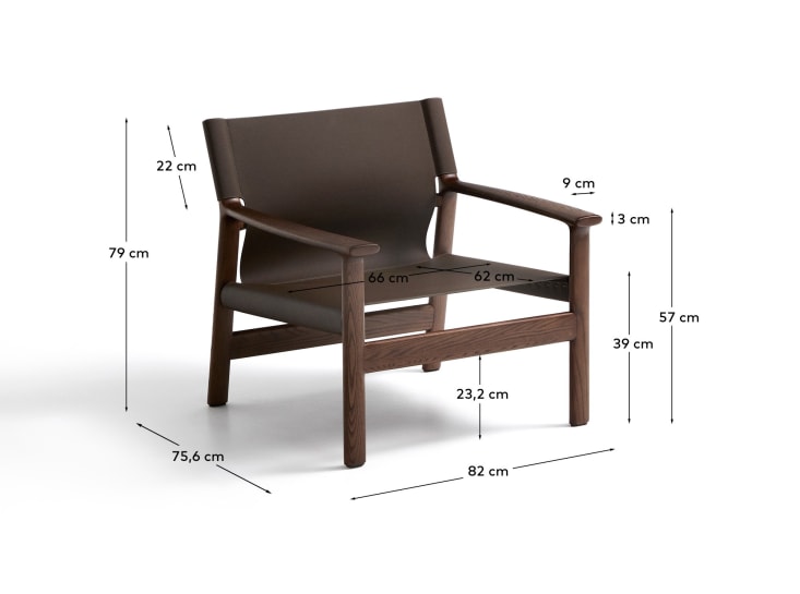 Jan armchair made of dark brown recycled leather fibres and FSC 100% solid ash wood with walnut-coloured finish - sizes