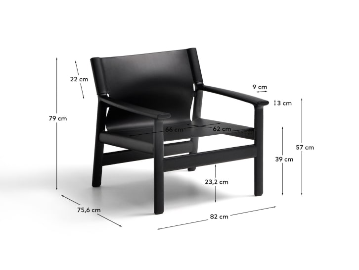 Jan armchair made of black recycled leather fibres and FSC 100% solid ash wood with black finish - sizes