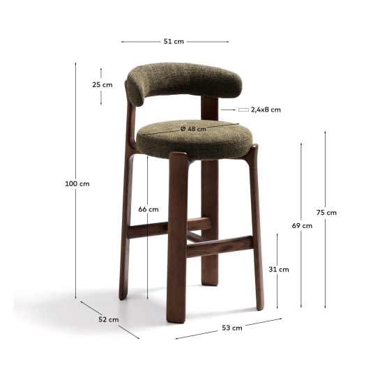 Granite stool in green chenille and solid ash wood with walnut-coloured finish FSC 100% 75cm - sizes