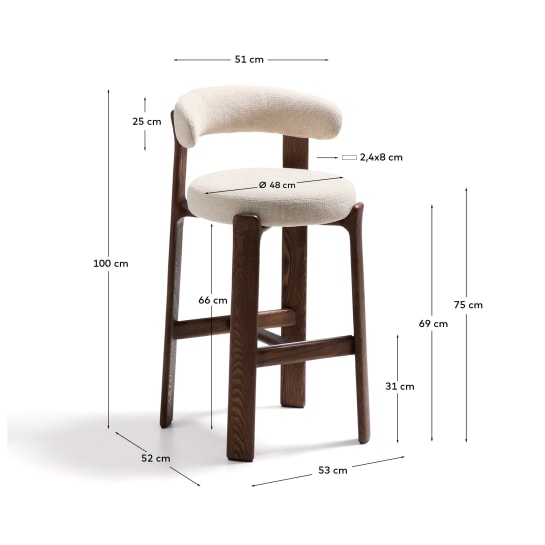 Granite stool in beige chenille and solid ash wood with walnut-coloured finish FSC 100% 75cm - sizes