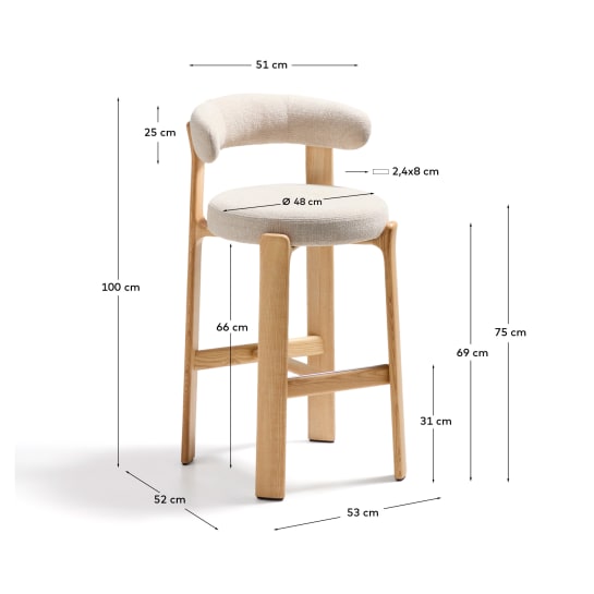 Granite stool made of beige chenille and solid ash wood with natural tone finish FSC 100% 75cm - sizes
