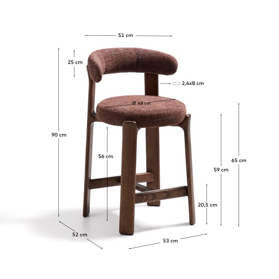 Granite fire-retardant stool with backrest in brown chenille and solid ash wood with walnut-coloured finish FSC 100% 65cm - sizes