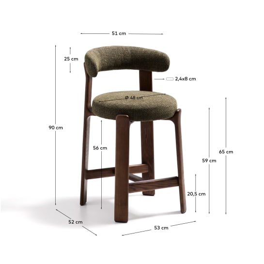 Granite fire-retardant stool with backrest in green chenille and solid ash wood with walnut-coloured finish FSC 100% 65cm - sizes