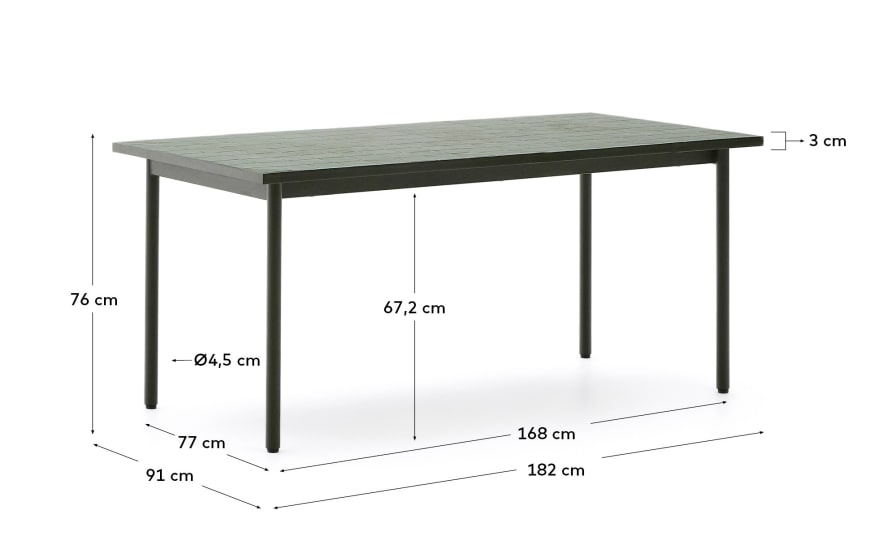 Maurina outdoor table in green galvanised steel with green tiles 182 x 91cm - sizes