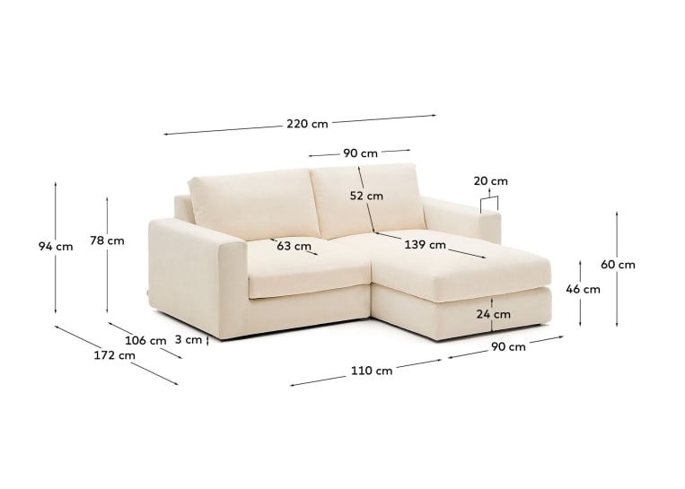 Modular sofa Alea 3-seater with right chaise longue 220 cm - sizes